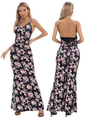 Capuffy Satin Floral Backless Maxi Dress, NWT, Size XS